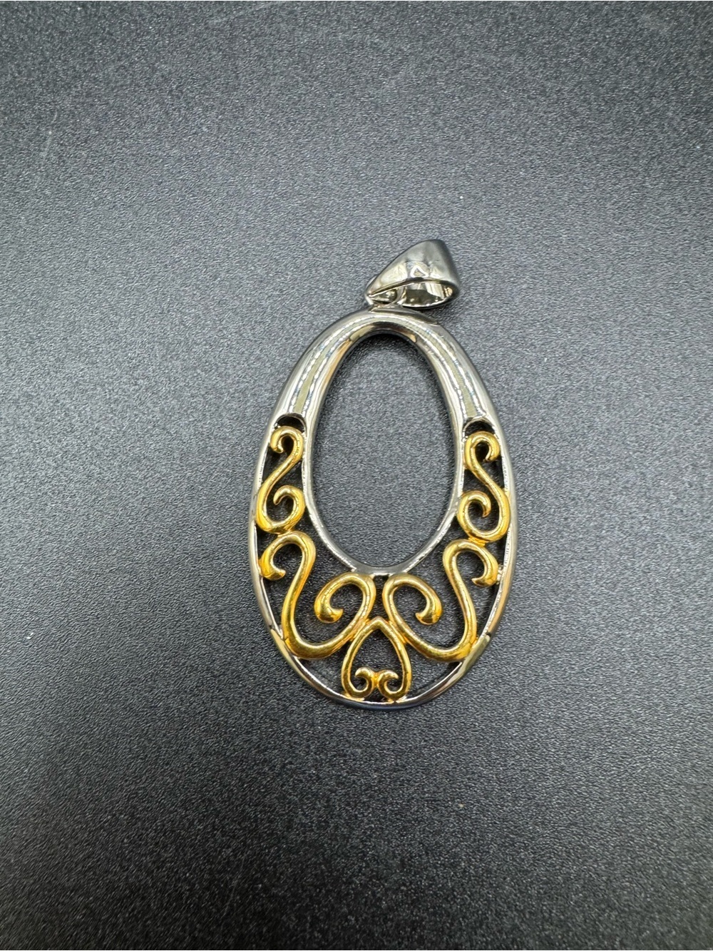 Lia Sophia Two Tone Open Metal Work Scroll Teardrop Pendant Silver Tone